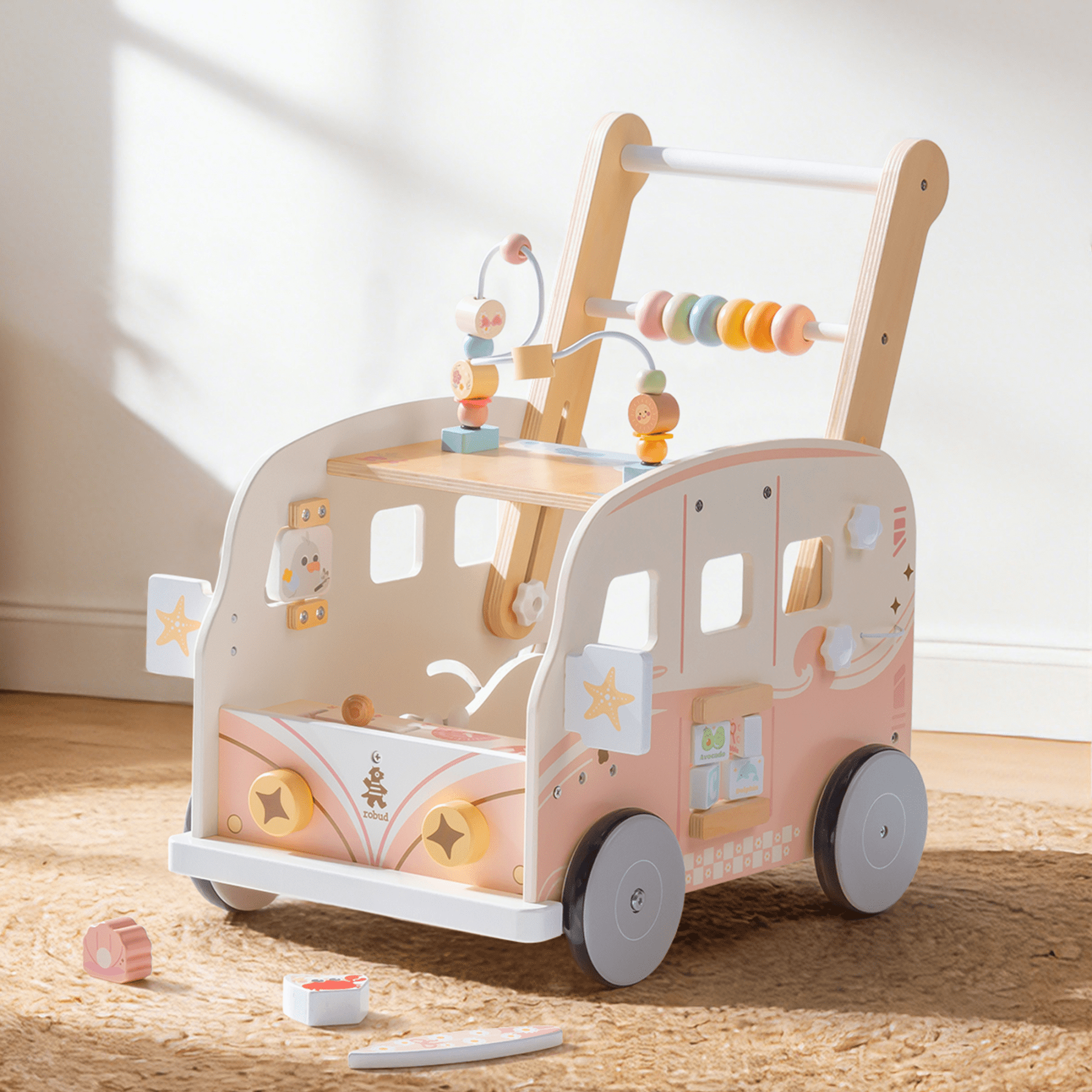 ROBUD Wooden Baby Push Walker Toy, Vacation Bus Theme with Activity Blocks, Sound & Light, Adjustable Speed, Learning Walker Gift for Toddlers 12+ Months,Pink