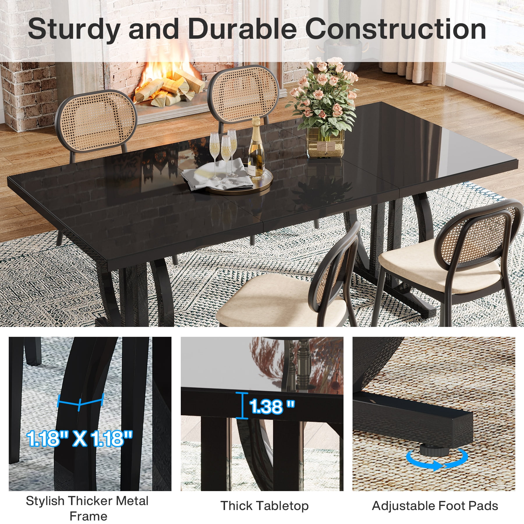 Fnova 63" Modern Dining Table for 6-8 People, Rectangular Kitchen Table with Sturdy Metal Frame, Dinner Table for Dining Room, Kitchen, Living Room, Home Office, Apartment