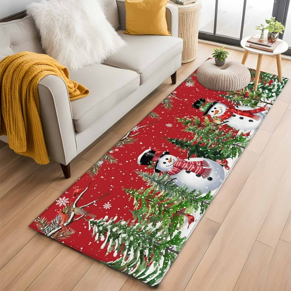 Red Snowman Christmas Kitchen Runner Rug 2x6 Washable Runners for Hallway Non Slip Xmas Tree Snowflake Winter Branches Large Area Rug Indoor Floor Carpet for Bathroom Laundry Entryway Bedroom