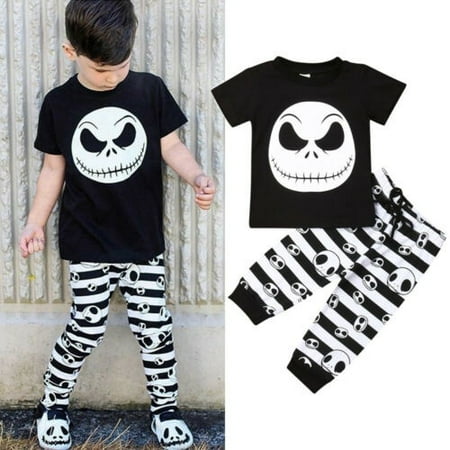 

Infant 2PCS Boy Girl Skull Bone Print Halloween Clothing Set Short Sleeve T-Shirt+Elastic Waist Drawstring Long Pants
