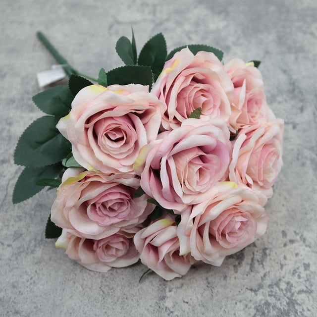 Xiao Hua 1 ramo de 10 rosas color crema simuladas con cabezas de flores de 43 cm de largo. Camafeo marrón.