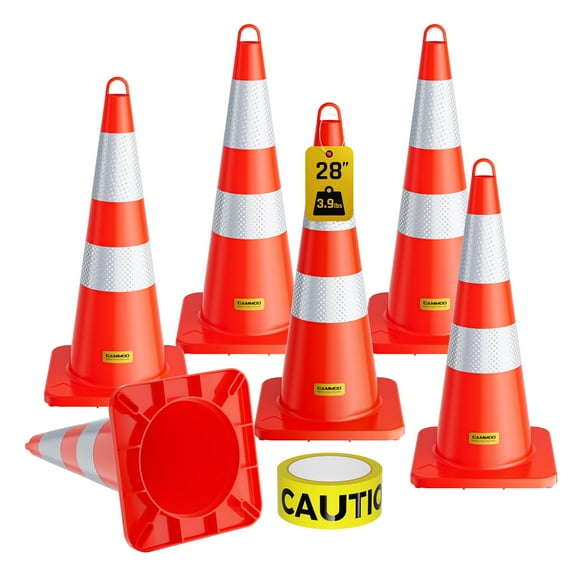 CAMMOO 6 Pack 28" PVC Safety Traffic Cones, Road Parking Cone with Reflective Collar&Extra Caution Tape for Construction & Traffic Control