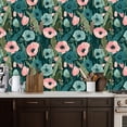 thumbnail image 2 of Peel and Stick Wallpaper Floral Pink Teal Wildflowers Botanical Leaves Dark Wall Mural 17.7in x 9.8ft Self Adhesive Removable Wall Paper Renter Friendly Wallpaper for Nursery Bedroom Cabinets, 2 of 8