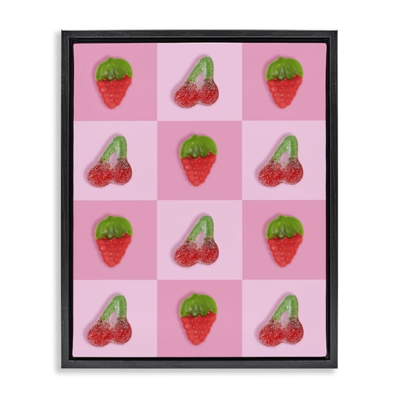 Stupell Industries Contemporary Gummy Strawberry and Cherry Checkerboard Black Floating Frame Canvas Art, 17 x 21, by LISH Creative