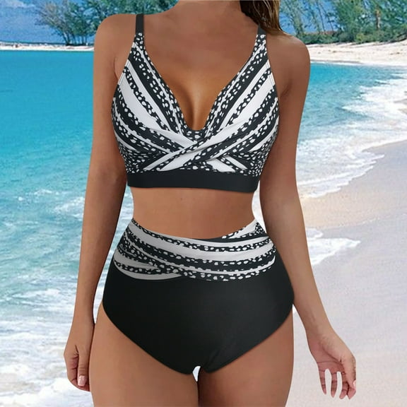 Baqcunre Swim Suits for Women 2024, New Swimwear Women's Large Waist Swimwear Split Tie Dyed Bikini Swimwear Tankini, Bikini Sets for Women, High Waisted Bikini Sets for Women Black L