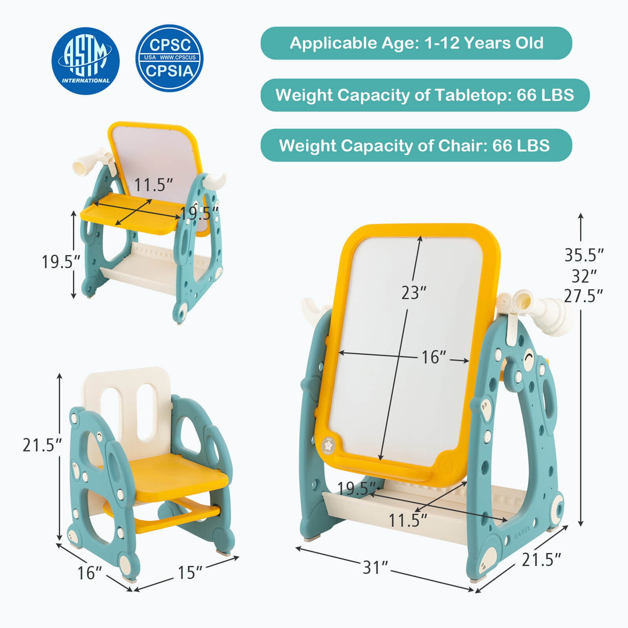 Gymax Kids Art Easel with Chair Kids Activity Table & Chair Set w/ Storage Basket