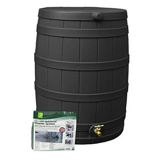 Good Ideas Rain Wizard Water Storage Rain Collection Barrel 50-Gallon w/Diverter Kit, Black