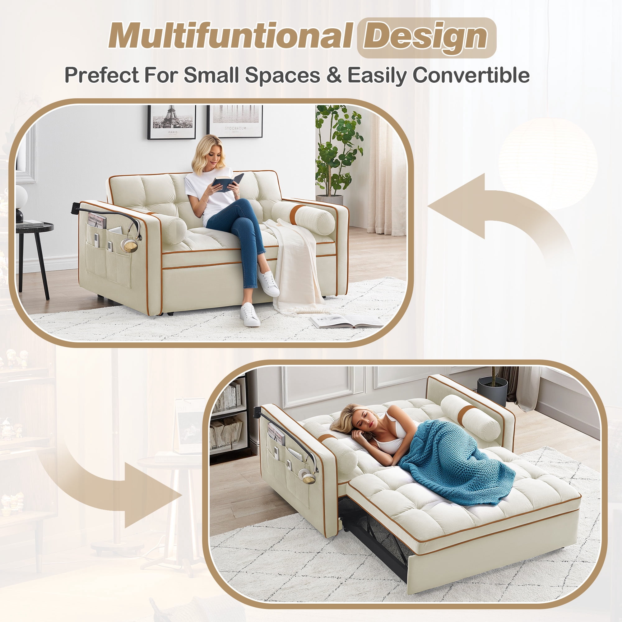 Lunale Convertible Pull Out Sofa Bed with Phone Stand, Tufted Loveseat Sleeper Sofa Bed for Living Room, Beige Velvet