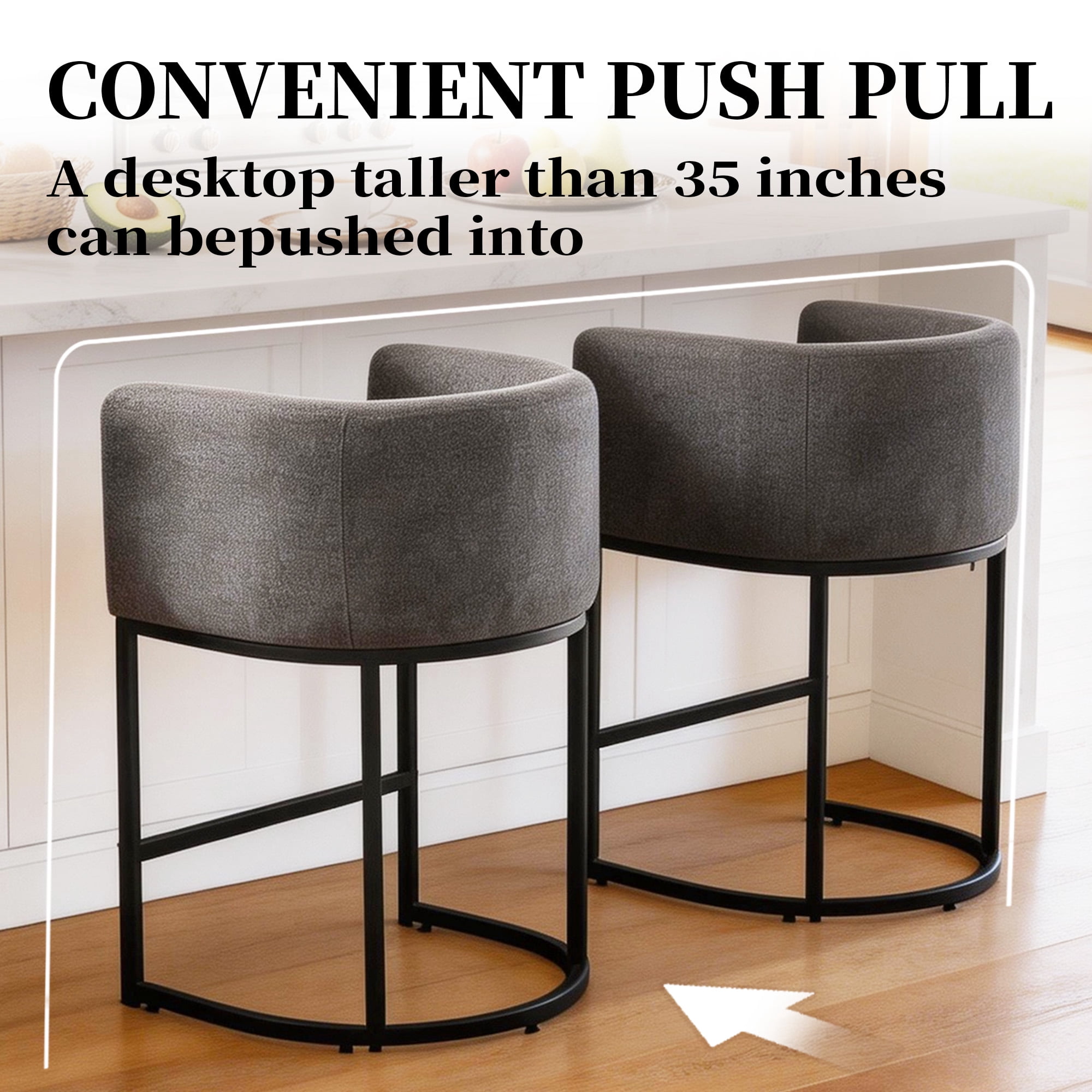 CRERIYO 26" Counter Height Bar Stools Set of 2, Fabric Upholstered Modern Barrel Bar Chairs with Metal Frame, Darkgray