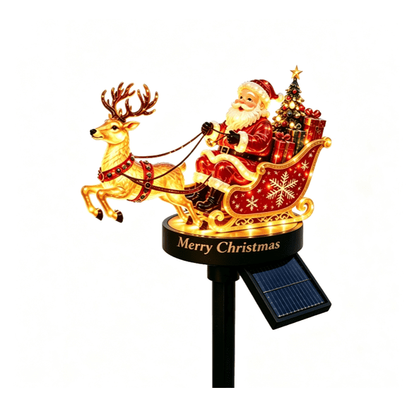Christmas Solar Garden Stake Light, Santa with Reindeer and Gift Loaded Sleigh, Warm LED Glow for Front Yard Lawn Pathway Winter Decor
