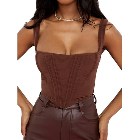 

wdehow Women s Sleeveless Bustier Crop Tops Sexy Square Neck Solid Color Boned Strap Corset