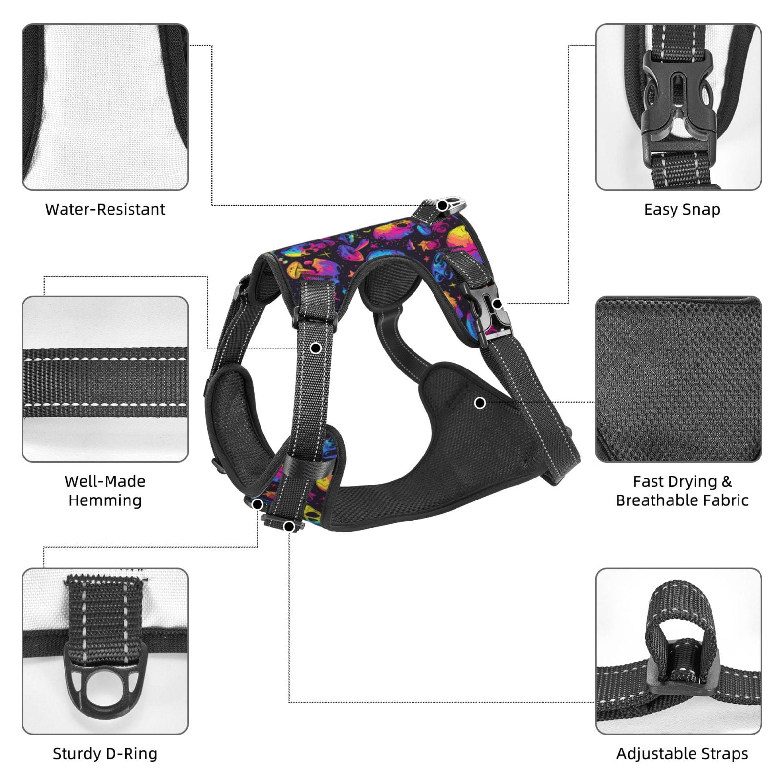 Vsdgher mushroom rainbow color Skull Pattern Dog Harness,No Pull Pet Harness with Soft Padded Handle,Adjustable Reflective Vest with 2 Buckles,4 Slide Buckles,S-XL Medium
