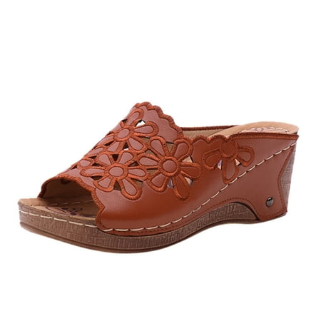 

ZTTD Women s Fashion Casual Hollow Out High Heels Thick Platforms Shoes Slippers Brown