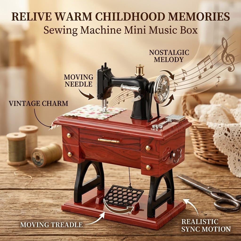 Vintage Mini Sewing Machine Music Box, Musical Sewing Machine, Table Desk Home Decoration, for Mom, Wife, Grandma, Friends, Quilters, Sewing Lovers Christmas Anniversary Birthday Gifts (Large)