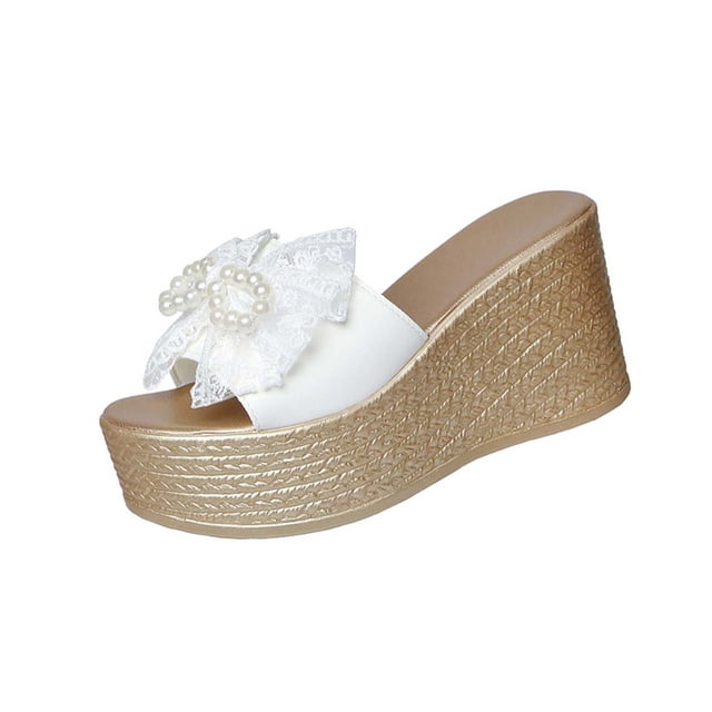 Casual Wedge Sandals for Women Solid Color Bow Round Toe Satin Upper 4 Inch Gold Wedge