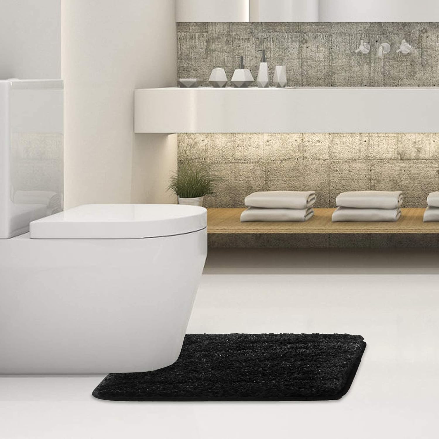 Bathroom Contour Rug Non Slip Bath Mat Water Absorbent Soft Microfiber Shaggy Bathroom Mat Machine Washable Bath Rug for Bathroom Thick Plush U Shape Toilet Rug (20 x 24, Black)
