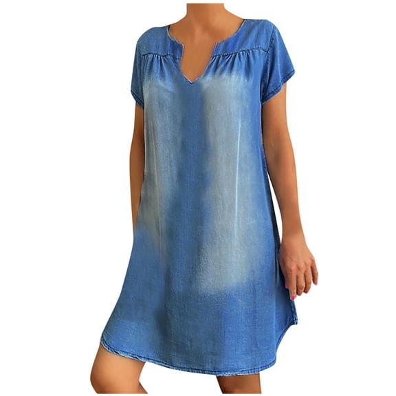 Dyegold Sundresses for Women Casual Beach - Church Dresses for Women 2023 V-Neck Short Sleeve Plus Size Denim Midi Sun Dresses Loose Fit Summer Holiday Dress