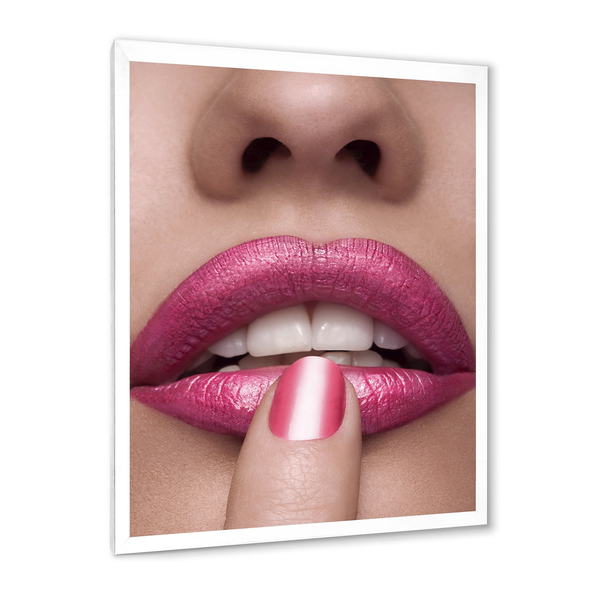 Designart 'Pink Female Lips With Finger On Mouth' Modern Framed Art Print