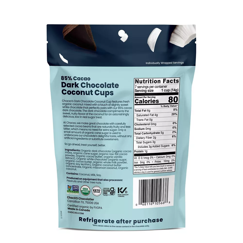 (Pack of 6) Chocxo Dark Chocolate Organic Coconut Cups, 3.45 oz