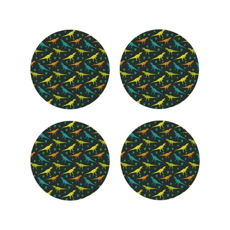 

Leather Coasters Set of 4 - colorful Dinosaur print A Lightweight Non-Slip Drink Coasters for Desk Anti-Scalding Desk Cup Coasters for Office Table Decor Round Shape