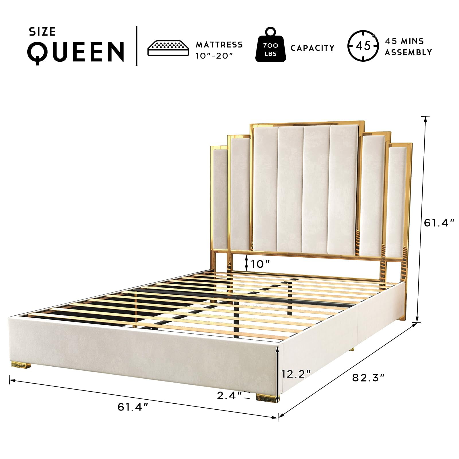 VanAcc Queen Size Bed Frame and 61" Headboard, Upholstered Bed with Golden Plating Trim, Cream