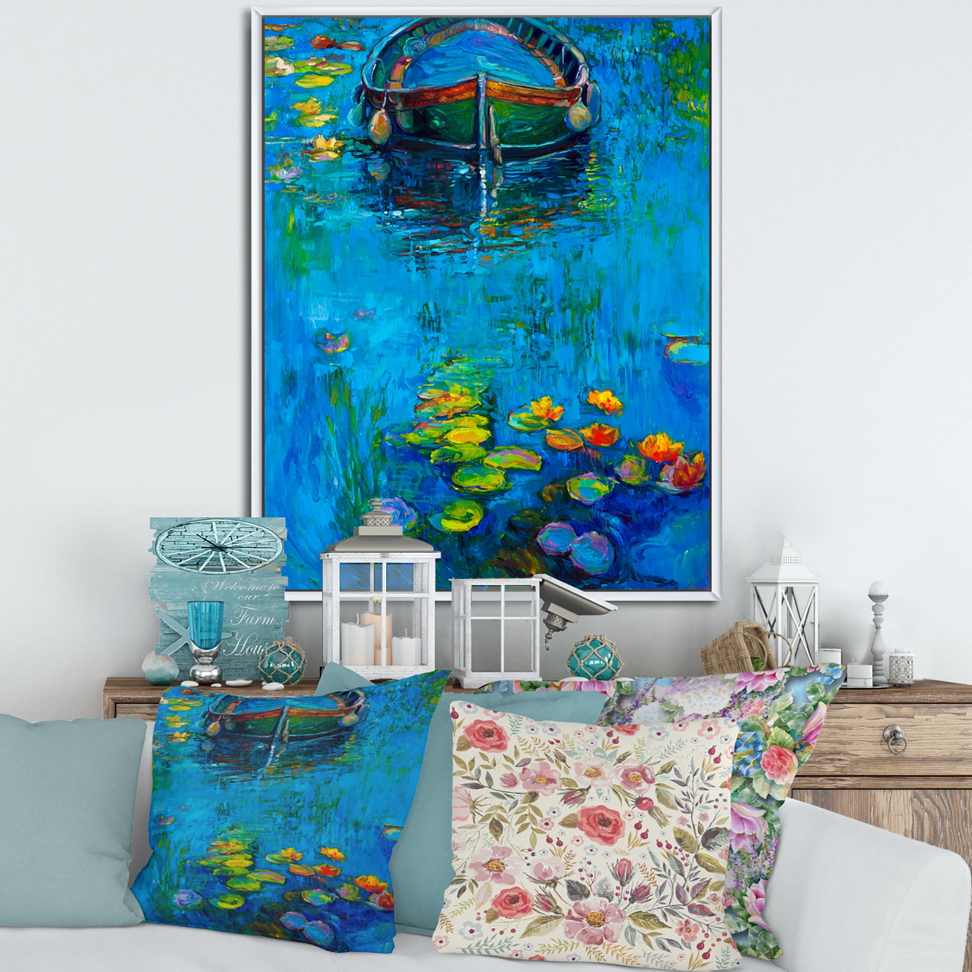 Boat In Blue Lake 30 in x 40 in Framed Painting Canvas Art Print, by Designart