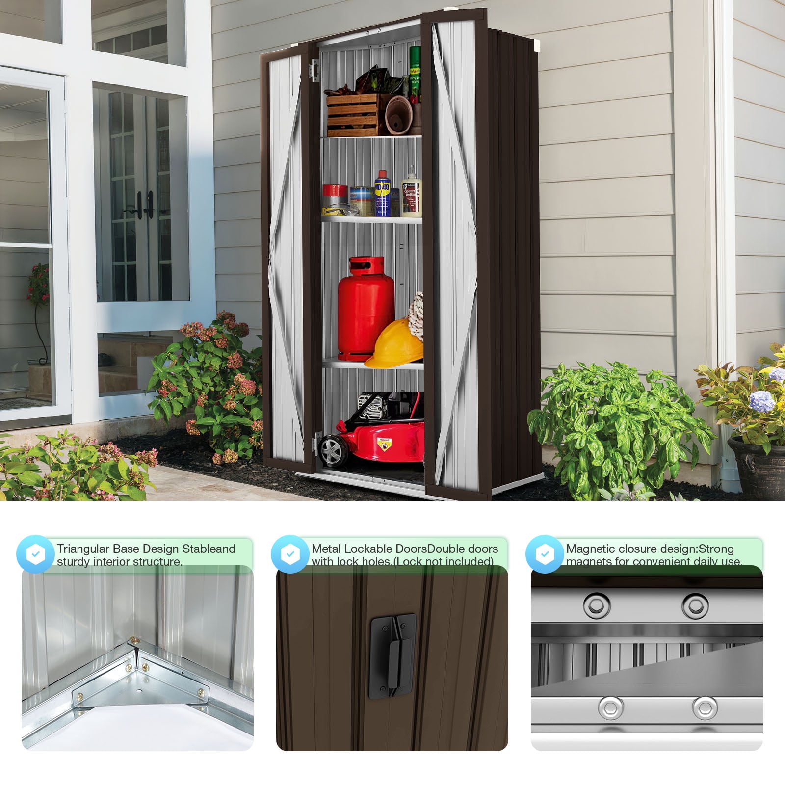 YODOLLA Outdoor Metal Storage, Cabinet with Adjustable Shelves & Locking Doors, for Home, Office,Garden, Brown
