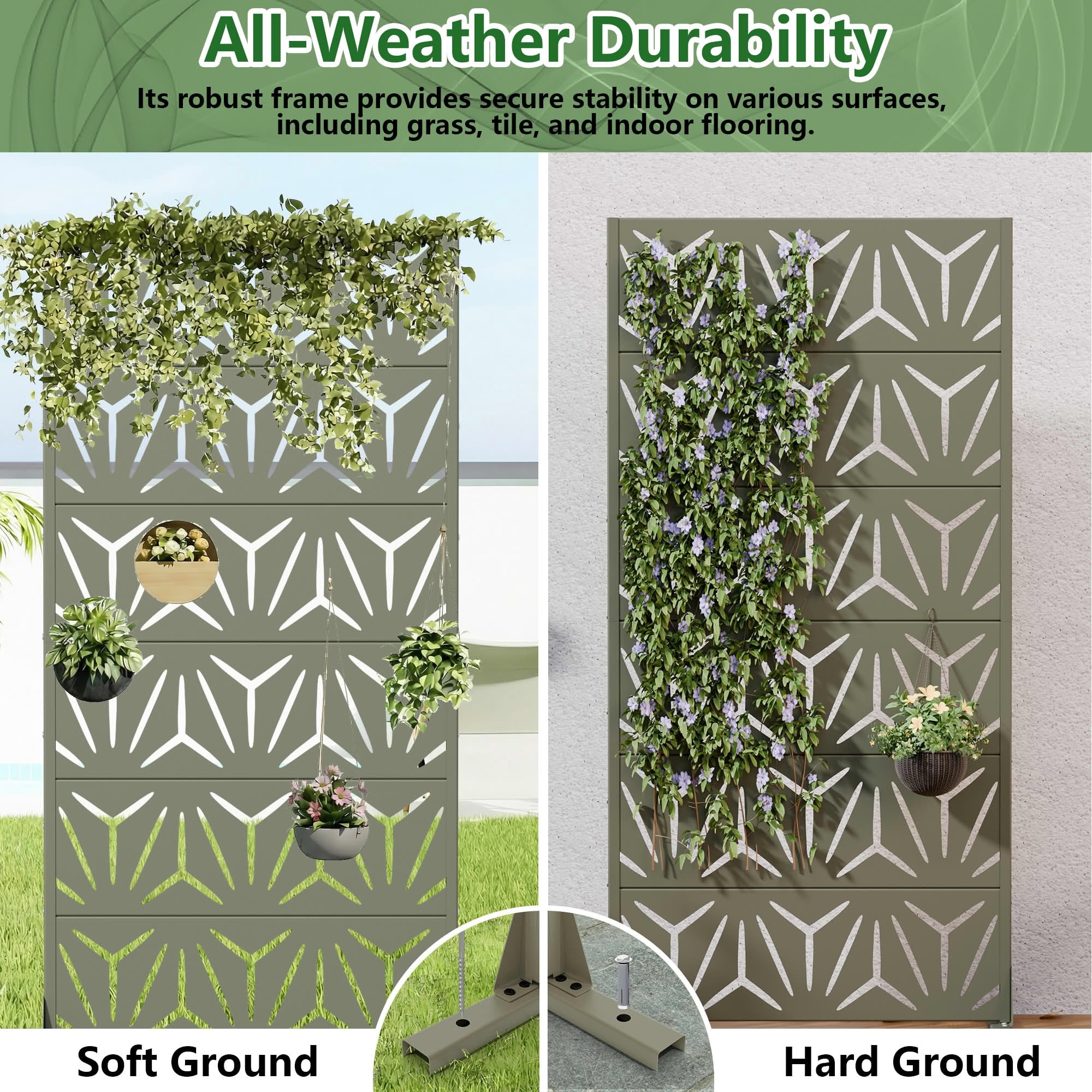 MAYEERTY Outdoor Metal Privacy Screen 6ft × 3ft Olive Gray, 6-Panel Geometric Y-Pattern Decorative Screen for Patio