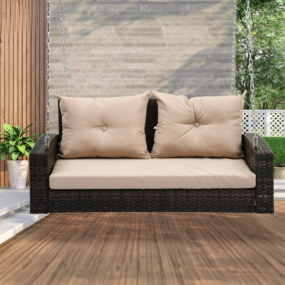 Dextrus Wicker Hanging Porch Swing Chair Outdoor Brown Rattan Patio Swing Lounge w/ 2 Back Cushions Capacity 530lbs for Garden, Balcony, Living Room, Beige