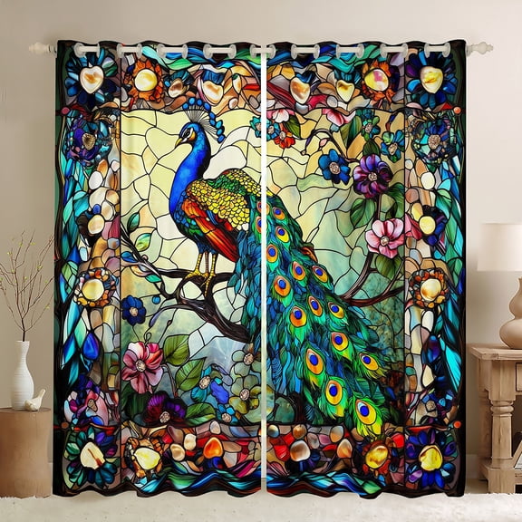 jejeloiu Retro Boho Floral Blackout Curtains (2-Pack 38x45) Peacock Rainbow Glass Flower Decor For Girls Kids