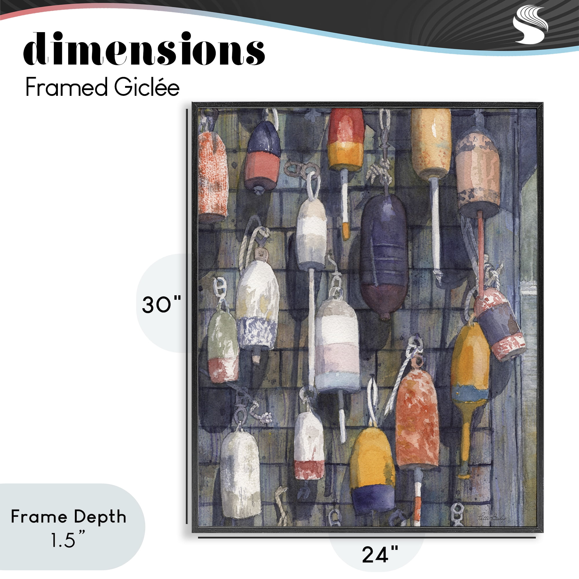 Stupell Industries Watercolor Hanging Buoys Black Framed Giclee Art, design by Patti Bishop