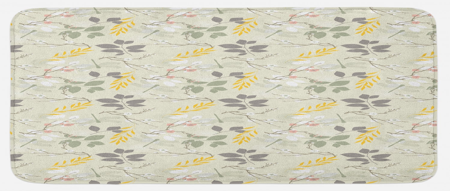 Grey and Yellow Kitchen Mat, Vintage Farm Life Modern Inspired Florals