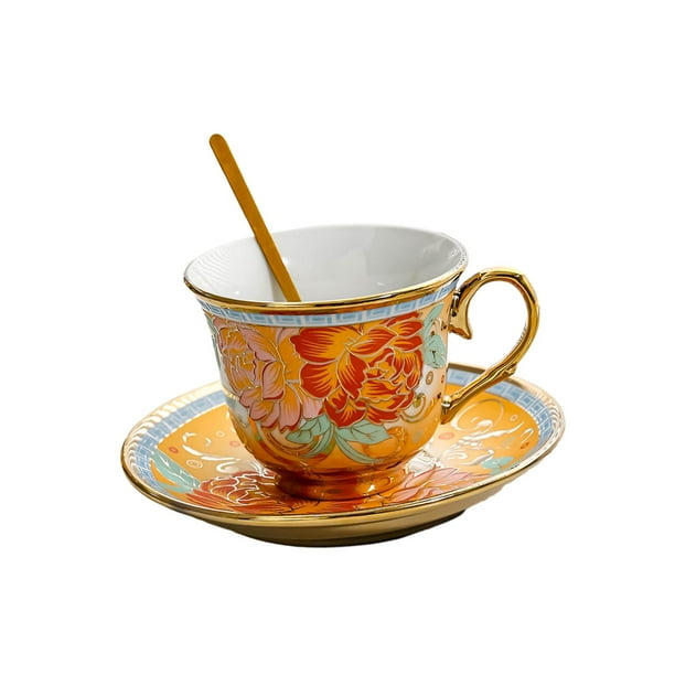 Juego de taza y platillo de té de cerámica, taza de café con leche vintage de 7 oz, hermoso juego de té de porcelana Flor