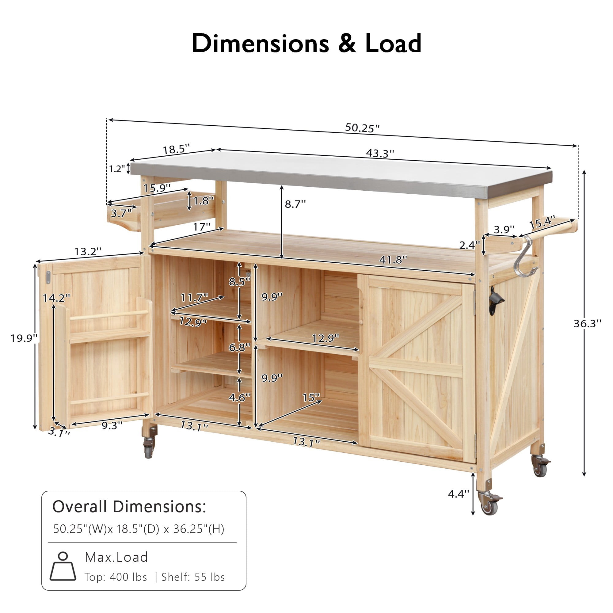 DEALTOPS Outdoor Kitchen Island Rolling Bar Cart, Wood BBQ Grill Prep Table with Stainless Steel Top, Natural