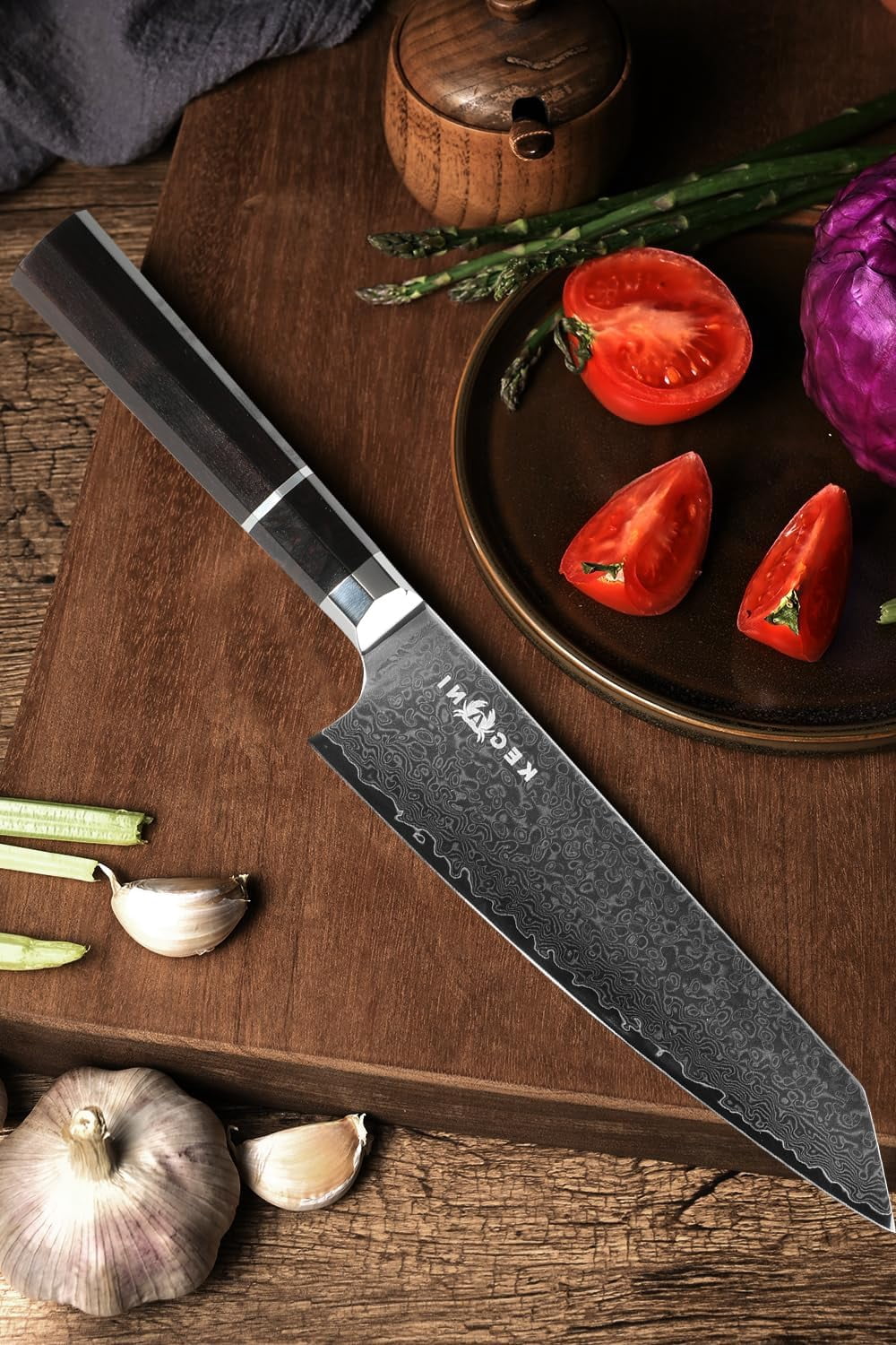 KEGANI 8" Japanese Kiritsuke Chef Knife, Japanese 67 Layers VG-10 Damascus Knife, Ebony FullTang Handle Natural Texture Japanese Knife Sushi Knife Gyuto Knife
