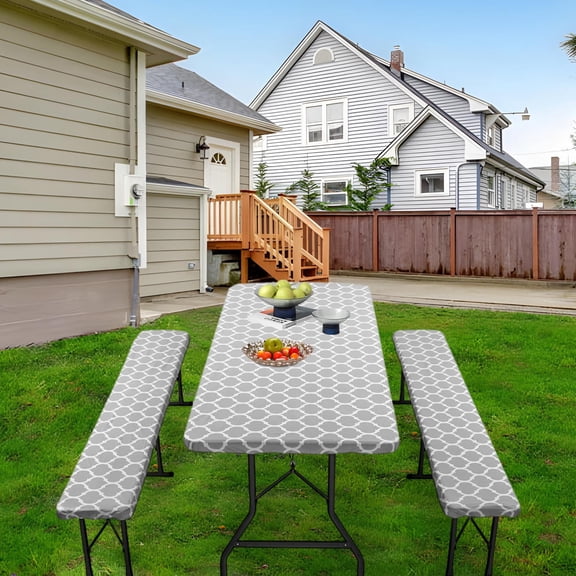 Waterproof Picnic Table Cover Set with Elastic Edge, Outdoor Patio Furniture Protector, Vinyl Tablecloth for Garden, Backyard, BBQ, and Beach Parties, Flannel Backing, 3-Piece Set