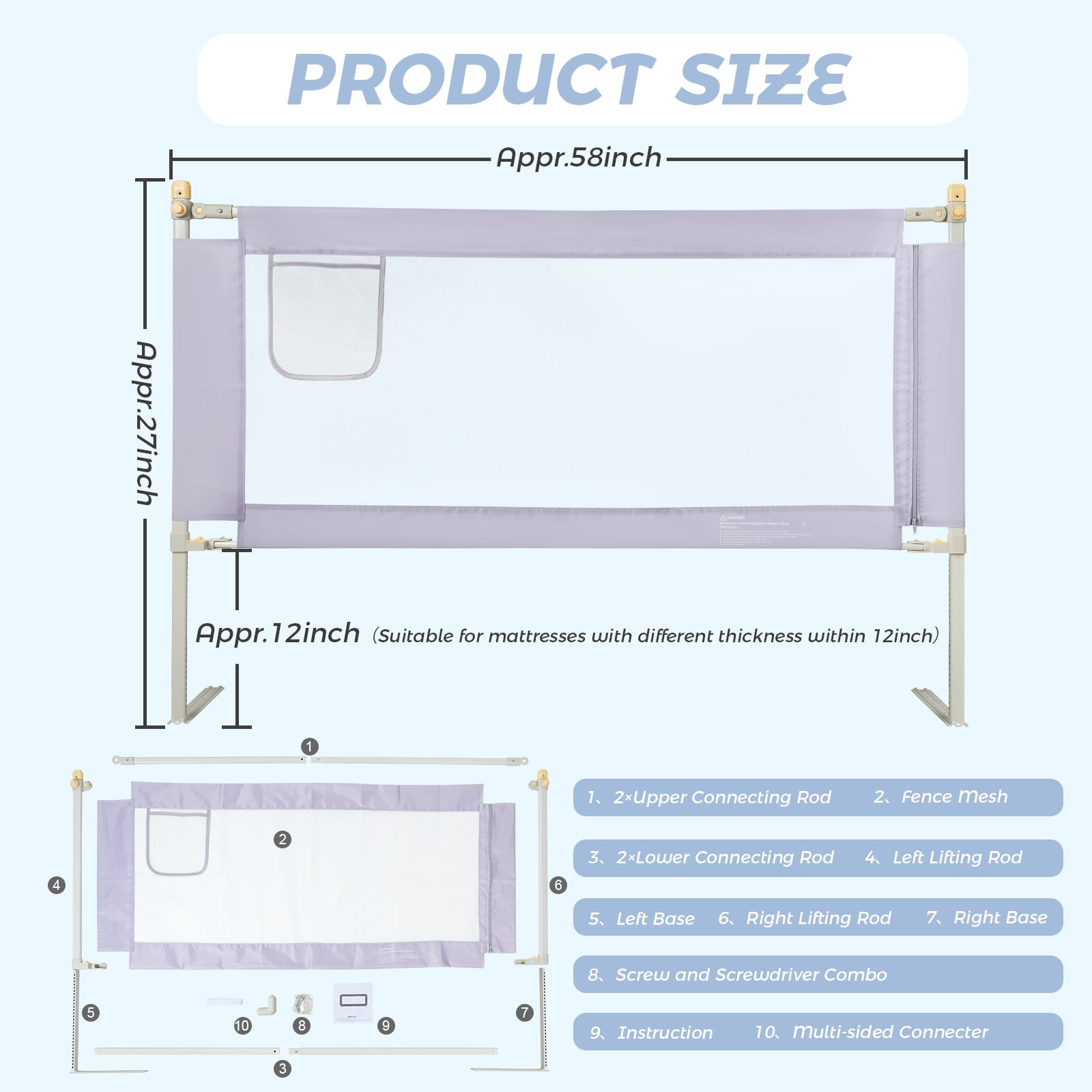 Bed Rails for Toddlers 59" L, Toddler Bed Rails with Breathable Fabric, Infant Safety Bed Guardrail, Bed Rail for Twin Bed, Bed Safety Rails for Children (Gray-One Side)