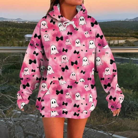 Sakmal Cute Hooded Sweatshirts for Women Cute Ghost Print Halloween Pink Sweatshirts Loose Fit Hoodies for Women