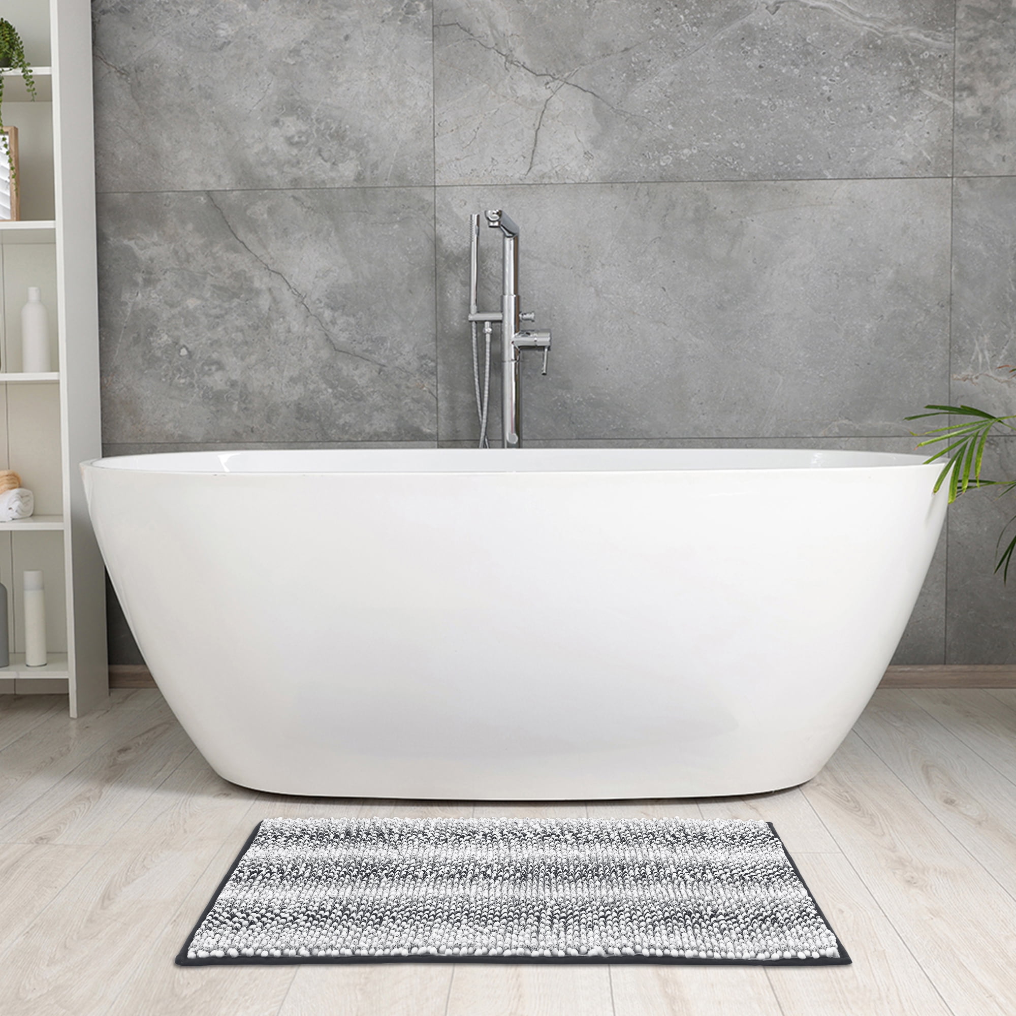 Unique Bargains Chenille Bathroom Rug Absorbent Non-Slip Striped Plush Shaggy Bath Rugs Dark Grey 16" x 24"