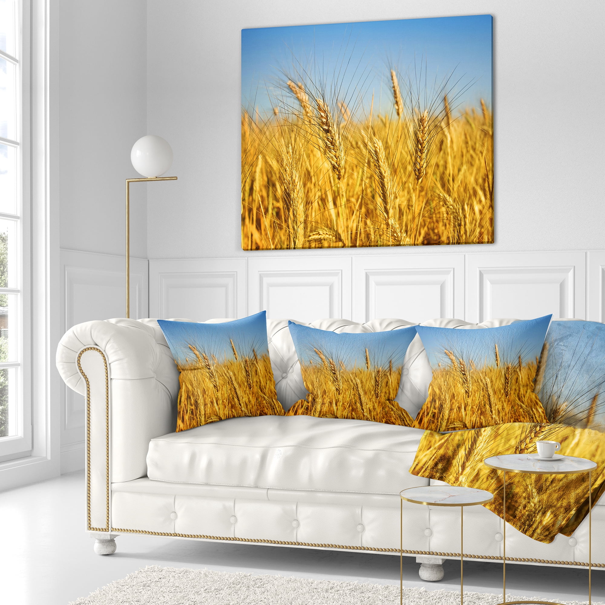 Designart Bright Golden Wheat Field - Landscape Printed Throw Pillow - 16x16
