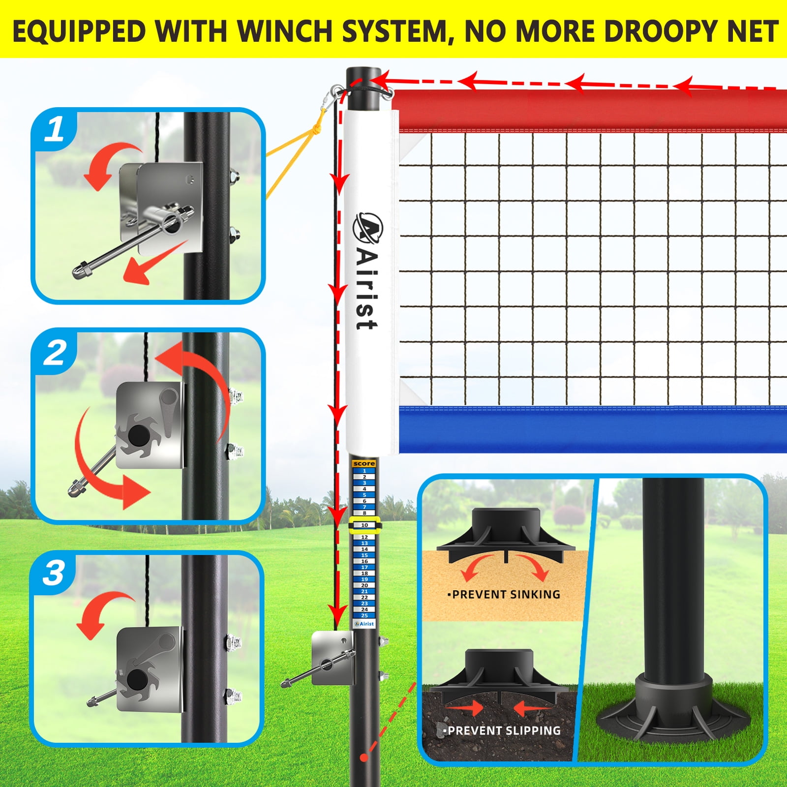 Airist Heavy Duty Volleyball Net Outdoor with Steel Anti-Sag System, Adjustable Aluminum Poles, Professional Volleyball Nets Set for Backyard and Beach, Volleyball and Carrying Bag(Red and Blue)