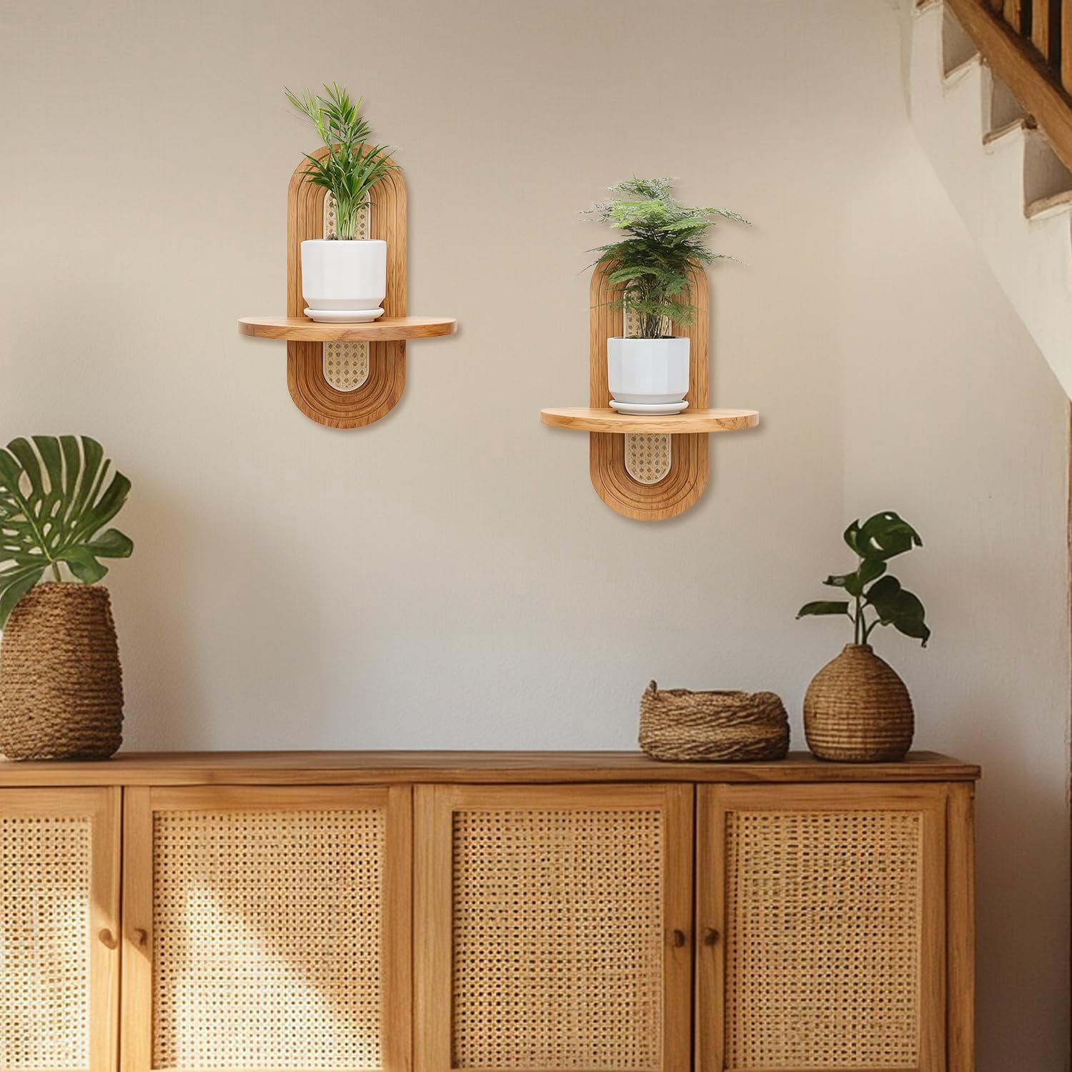 NOUGFVZP 1-Pack Floating Shelves for Wall, Boho Rattan Plant Shelf, Mid Century Small Decorative Shelf Wall-Mounted, Natural Wood Shelves for Living Room,Bedroom,Nursey Room (Matural)