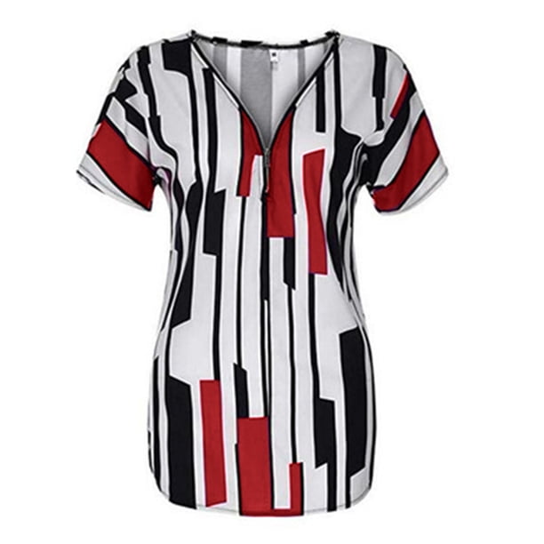 Qarigey Camiseta de mujer con cuello en V y rayas en la parte de manga corta con cremallera blusa delgada Prendas para la parte del cuerpo Rojo 4XL