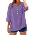 thumbnail image 2 of AKEGAMN Cotton Linen Button Down Tops 3/4 Length Sleeve Casual Blouses, Purple S-5XL, 2 of 9