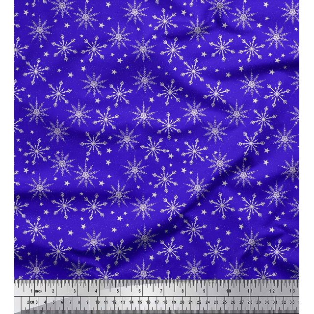 Soimoi Blue Poly Georgette Fabric Snow Flakes & Star Decor Fabric Printed Yard 52 Inch Wide