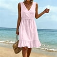 thumbnail image 2 of Ahabrexf Womens Summer Ruffled Hem Dresses, Sleeveless V Neck Drawstring Waist Natural Fiber Linen Sundress for Casual Vacation Wear, 2 of 9