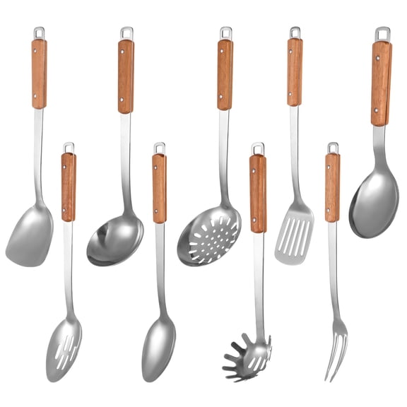 9 Pcs Stainless Steel Kitchen Utensils Set with Wood Handle, Including Spatula, Ladle, and Slotted Spoon, Metal Cooking Utensils Set, Long-lasting Kitchen Utensil Set for Cooking, Serving and Mixing