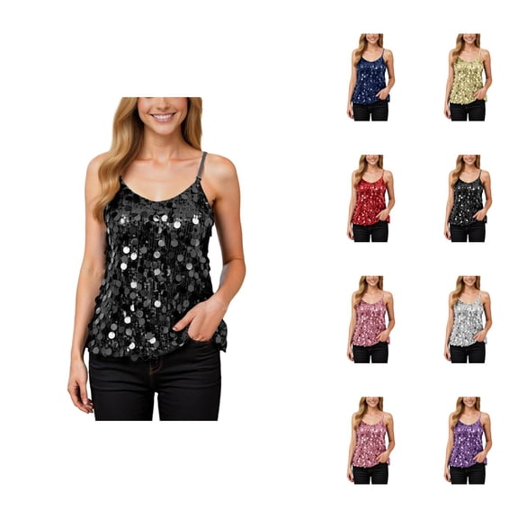 Sparkly Sequin Camisole Tops for Women V Neck Spaghetti Strap Shiny Sequins Cami Tank Top Rave Party Clubwear