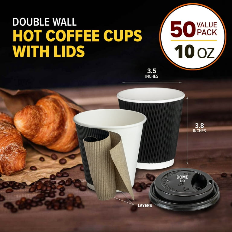 50 Pack] Disposable Hot Cups with Lids - 8 oz Brown Double Wall Insulated  Ripple Sleeves Coffee Cups with Black Dome Lid - Kraft Paper Cup for To Go  Chocolate, Tea, and