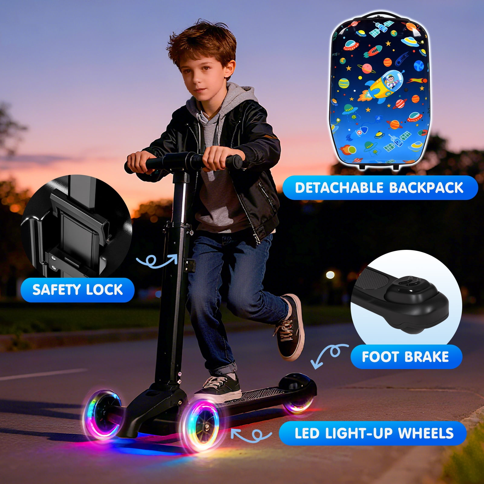 Advwin Kids Scooter Luggage with LED Wheels, 4-in-1 Detachable Foldable Ride-On Suitcase, Space-Themed Hardside Carry-On Travel Luggage, Convertible Backpack, Blue